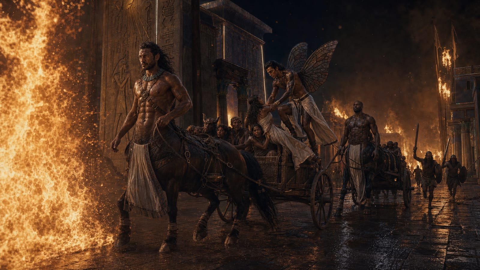 A centaur-like trader bursts through a wall of fire, hauling a cart of people.