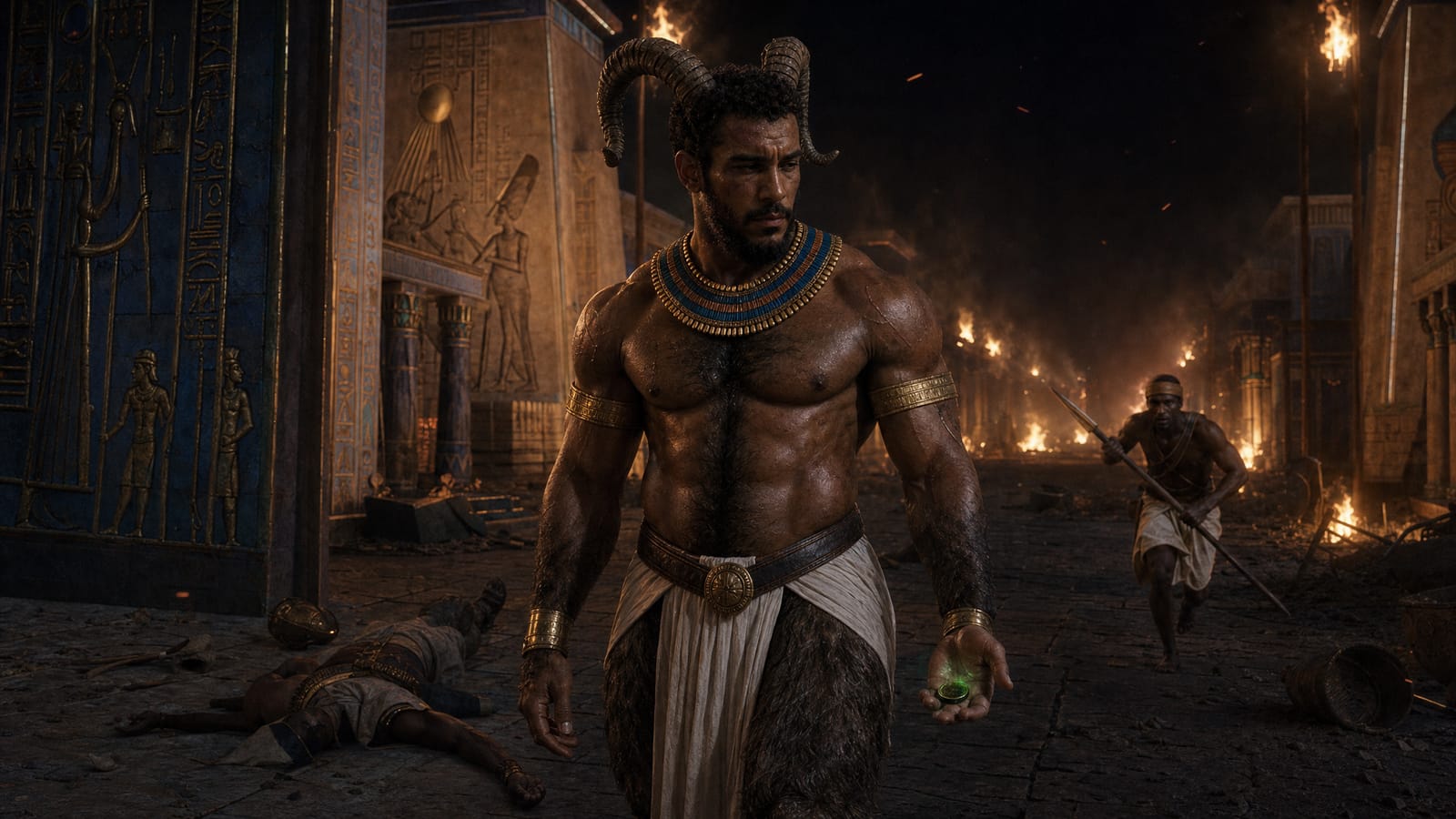 A warrior with a gold collar walks through a burning city at night.