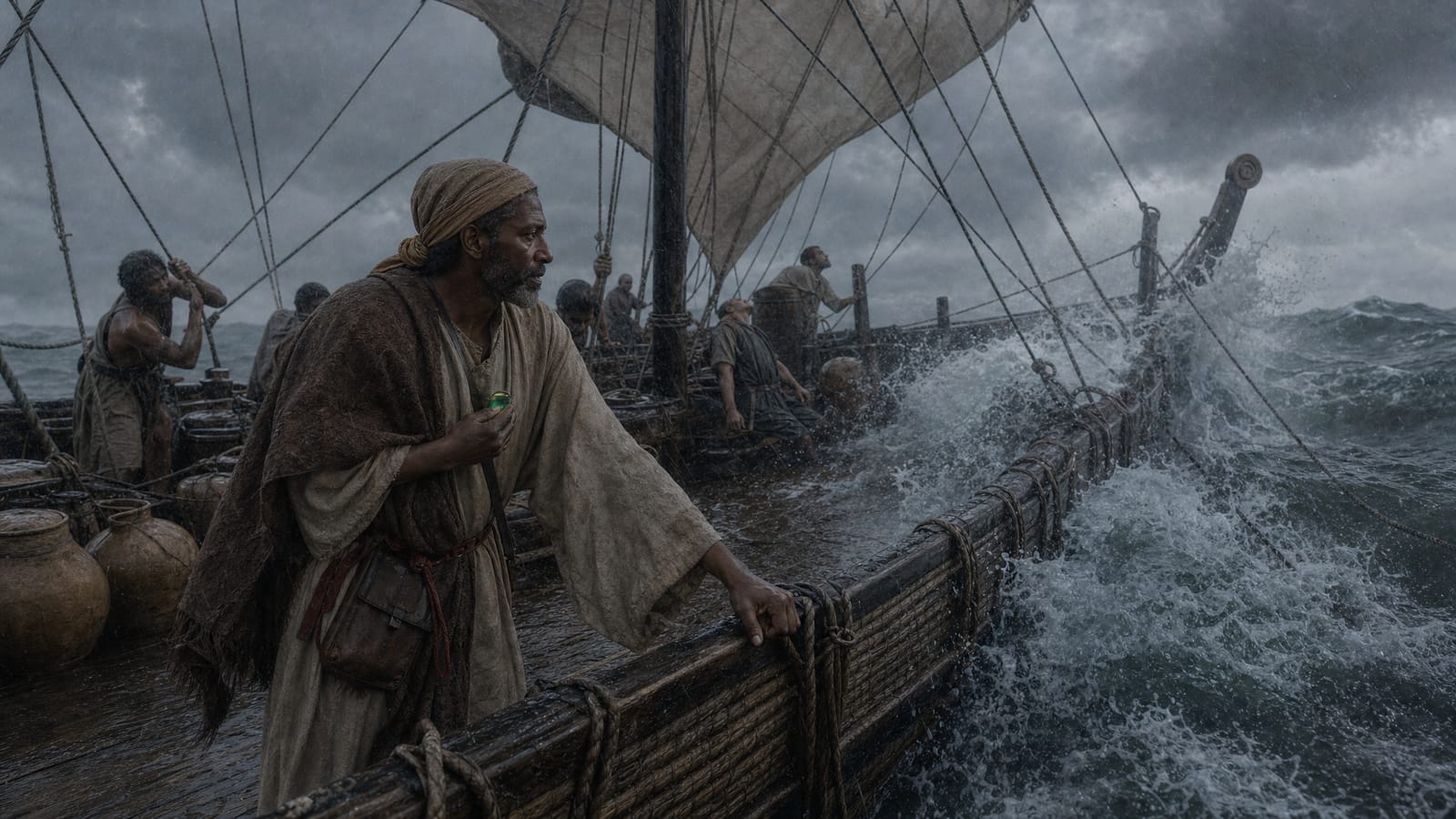 A robed traveler braces at the rail of a wooden ship in a storm.