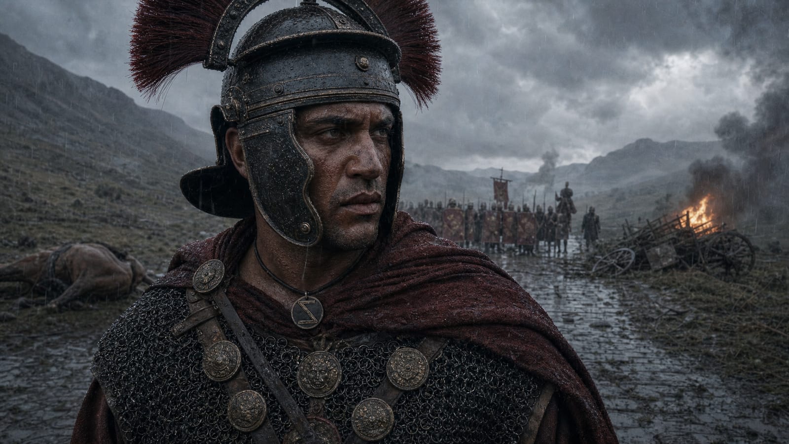 A Roman officer in a crested helmet stands in the rain before a battle.