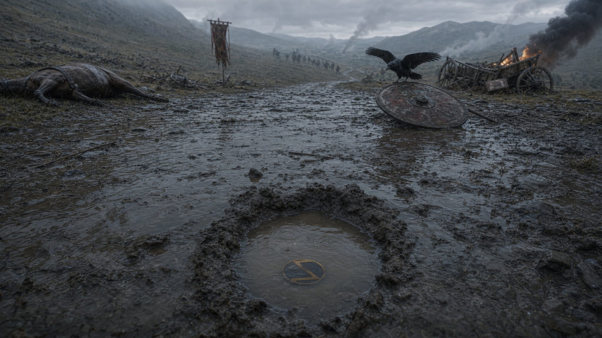 After the battle, rain fills a hoofprint in the mud; a coin lies in it, shining.