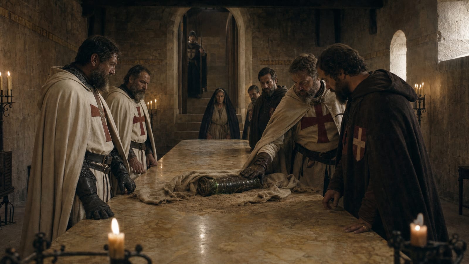 Templar knights gather around a candlelit table.