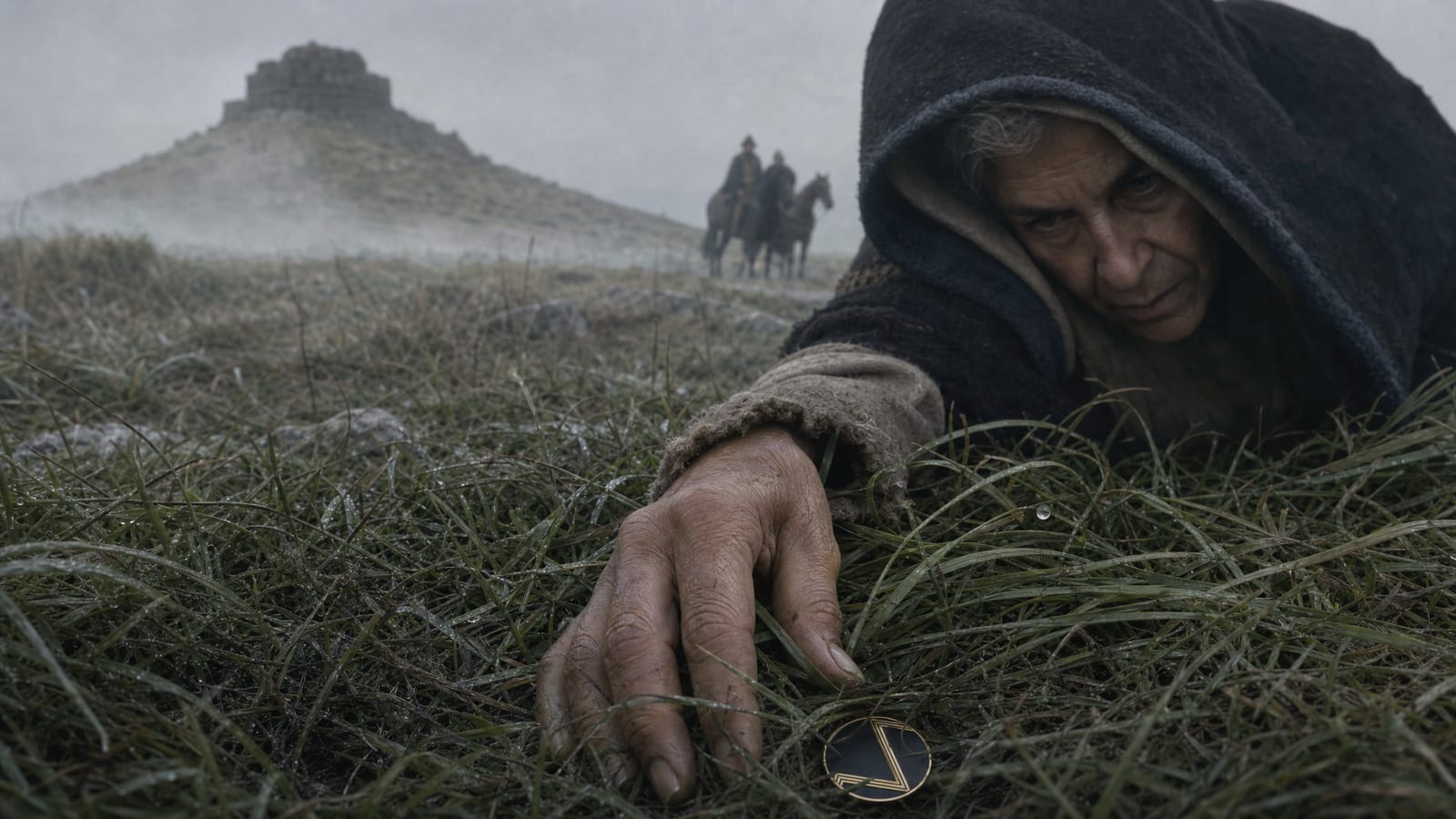 An old woman’s hand parts tall grass to find the coin.