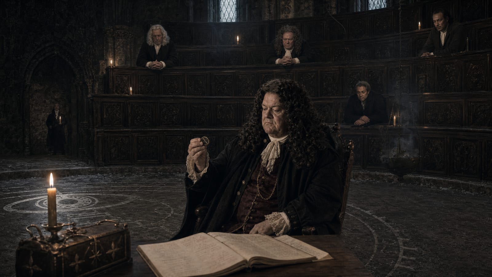 A secret hall like an anatomical theater; members line oak galleries as their leader holds the coin over a brass seal.