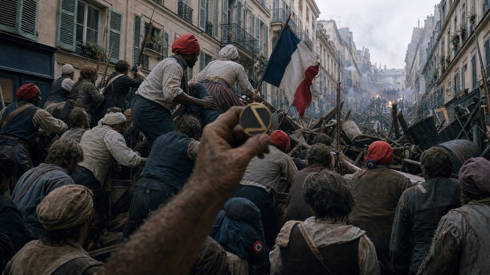 A revolutionary crowd surges through a narrow city street under tricolor flags.