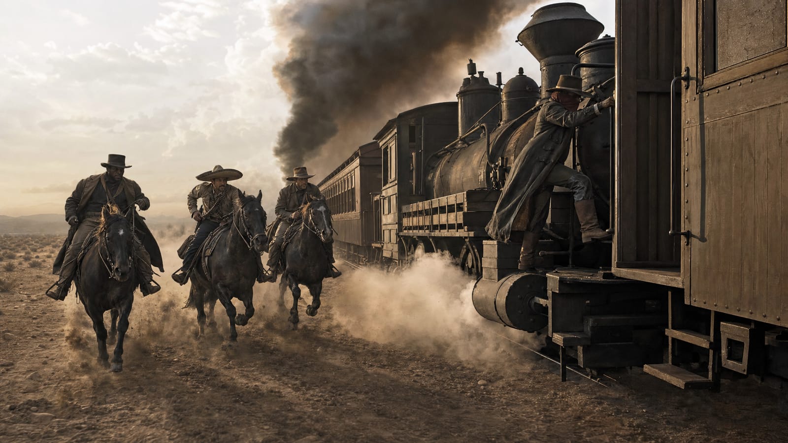 Riders gallop alongside a steam train across open plains.