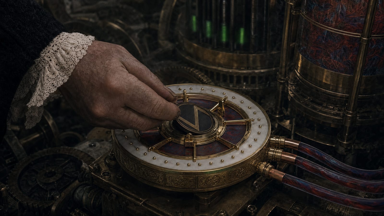 A hand in a lace cuff sets the coin into a brass machine.