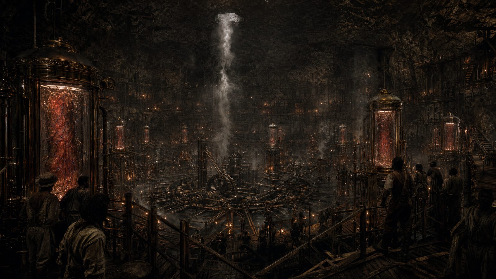 Light races outward through a vast machine of gold and copper gears.