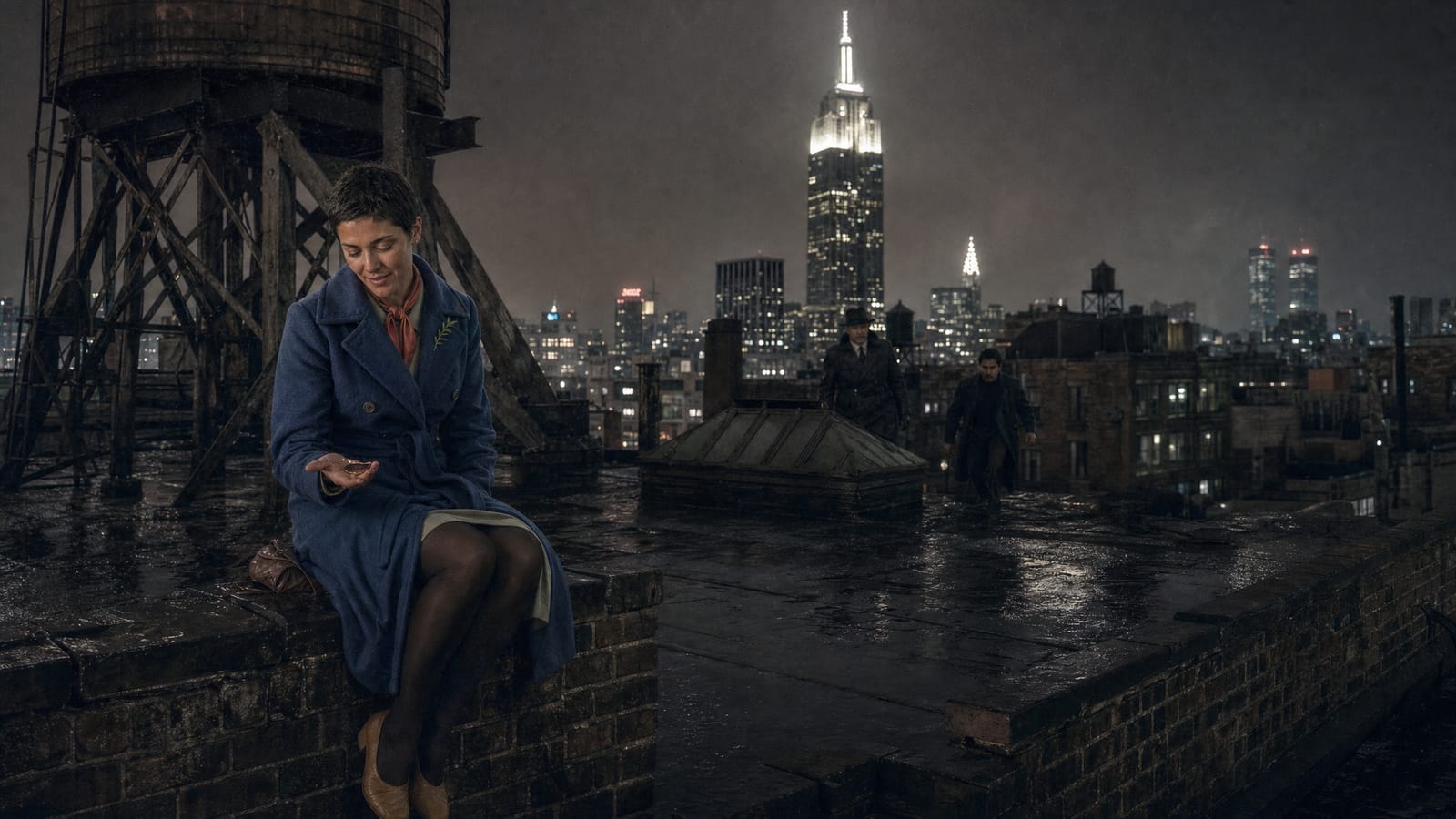A woman in a blue coat sits on a rooftop above the Manhattan skyline at night.