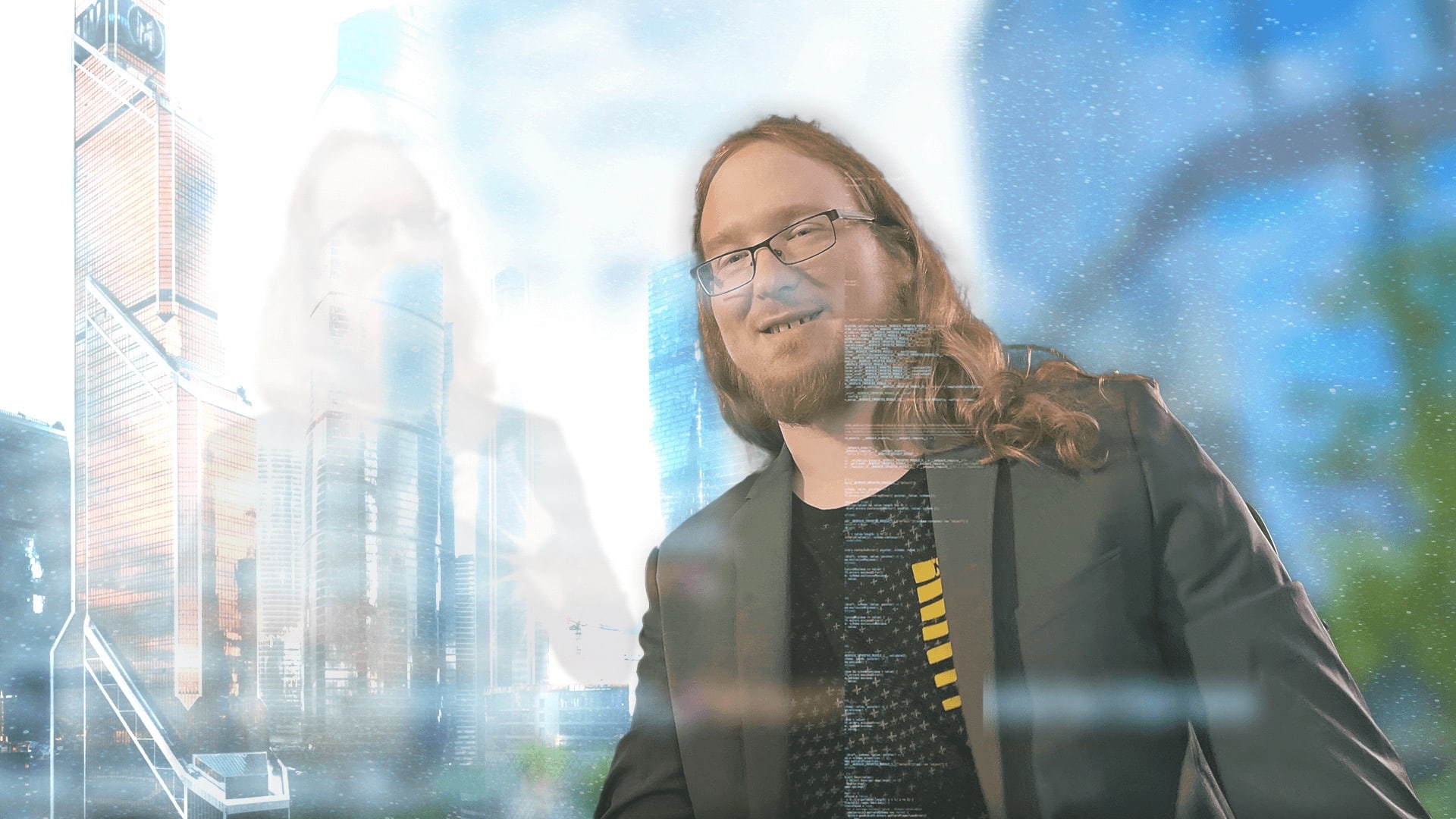 Justin smiling, in a dark jacket, layered over a bright city skyline.