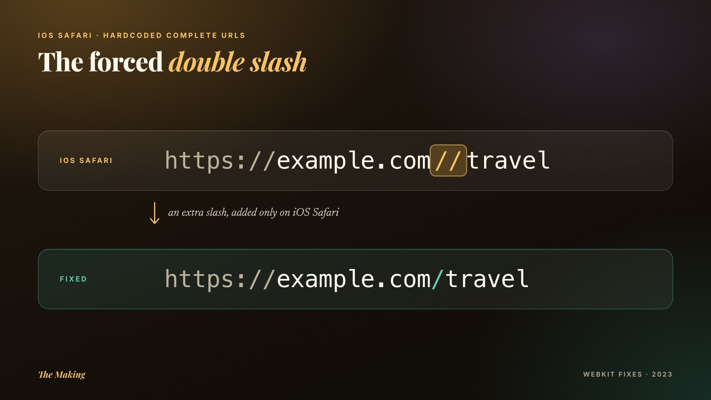 A web address shown twice. Above, the broken version with an extra slash after the domain, highlighted. Below, the fixed version with a single slash.