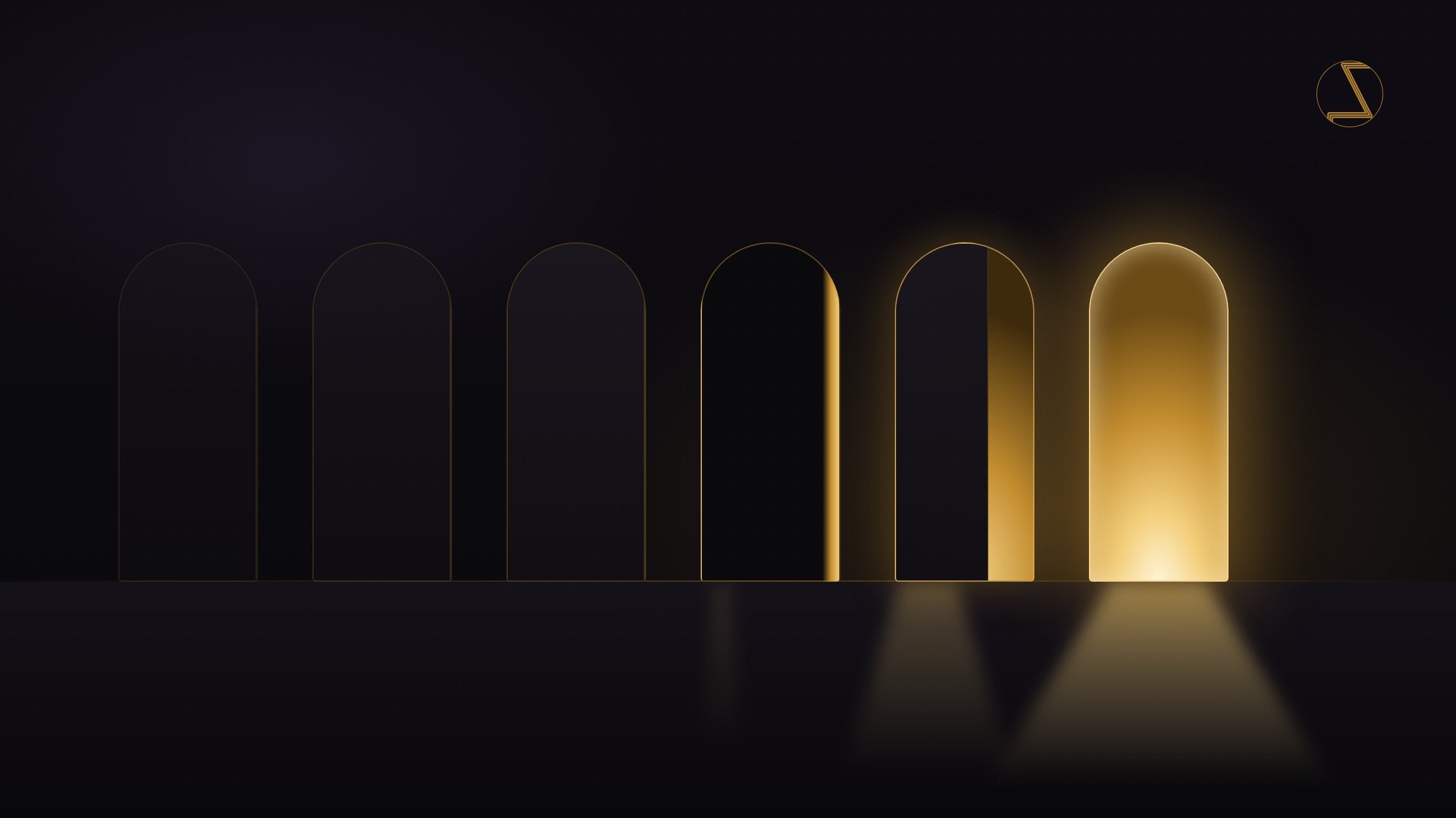 Doors opening in stages, gold light on a dark ground, the EGT mark.